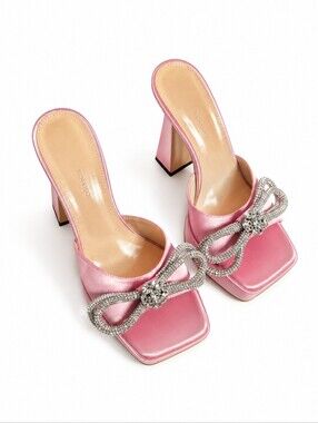 MACH & MACH Pink Bow Platform Satin Crystal Bow Mules Heels Size 38.5